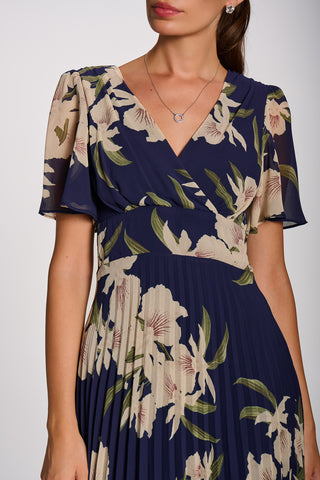 Angel Sleeve Pleated Chiffon Maxi Dress, Navy Floral