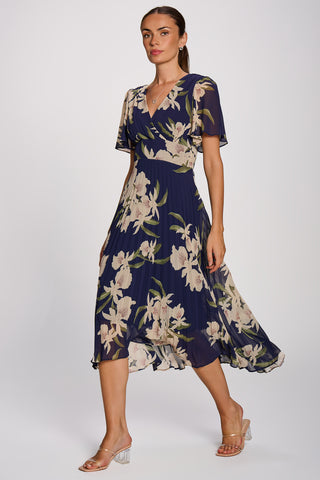 Angel Sleeve Pleated Chiffon Maxi Dress, Navy Floral