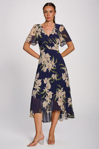 Angel Sleeve Pleated Chiffon Maxi Dress, Navy Floral