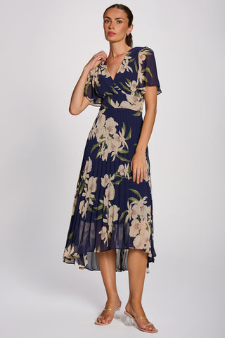 Angel Sleeve Pleated Chiffon Maxi Dress, Navy Floral