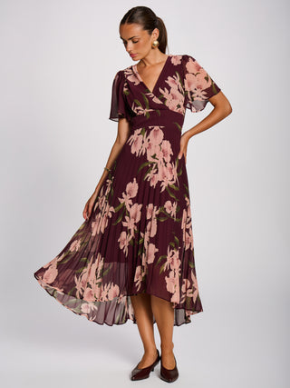 Angel Sleeve Pleated Chiffon Maxi Dress, Burgundy Floral