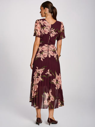 Angel Sleeve Pleated Chiffon Maxi Dress, Burgundy Floral