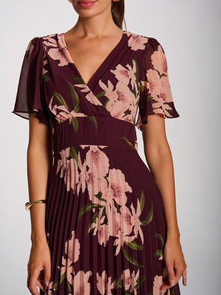 Angel Sleeve Pleated Chiffon Maxi Dress, Burgundy Floral