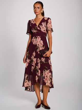Angel Sleeve Pleated Chiffon Maxi Dress, Burgundy Floral