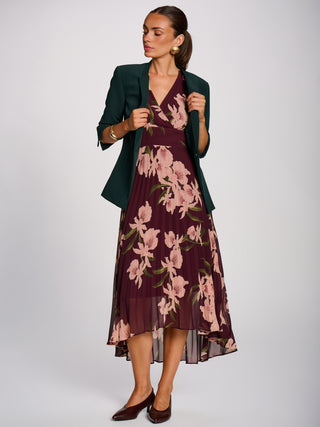 Angel Sleeve Pleated Chiffon Maxi Dress, Burgundy Floral