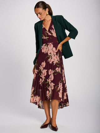 Angel Sleeve Pleated Chiffon Maxi Dress, Burgundy Floral