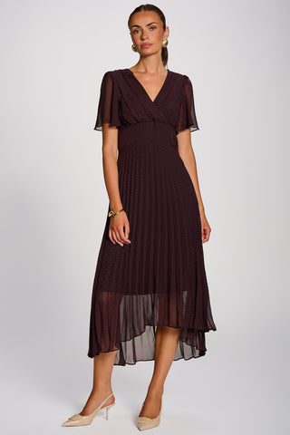 Angel Sleeve Pleated Chiffon Maxi Dress, Dark Brown Spot