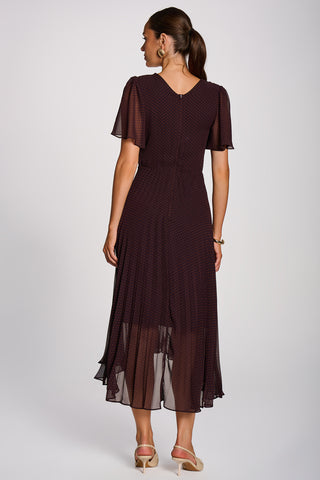 Angel Sleeve Pleated Chiffon Maxi Dress, Dark Brown Spot