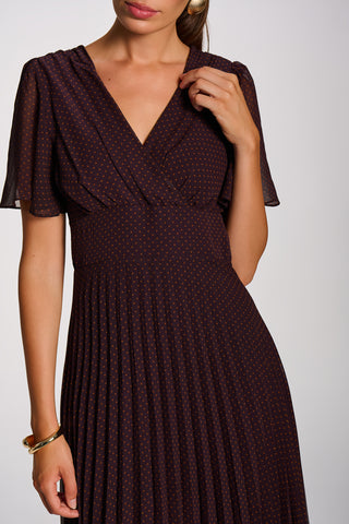 Angel Sleeve Pleated Chiffon Maxi Dress, Dark Brown Spot