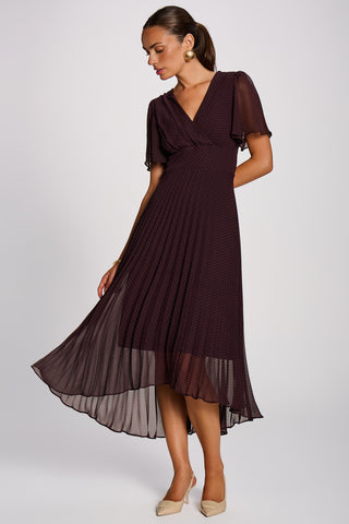 Angel Sleeve Pleated Chiffon Maxi Dress, Dark Brown Spot