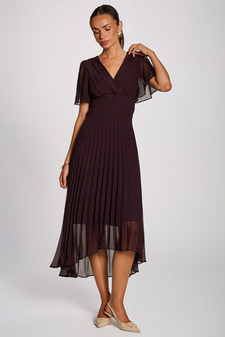 Angel Sleeve Pleated Chiffon Maxi Dress, Dark Brown Spot