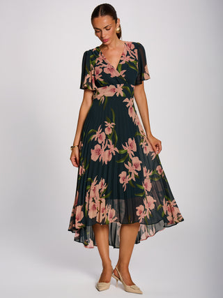 Angel Sleeve Pleated Chiffon Maxi Dress, Teal Floral