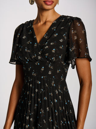 Chiffon Pleated Maxi Dress, Black Floral