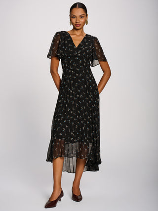Chiffon Pleated Maxi Dress, Black Floral