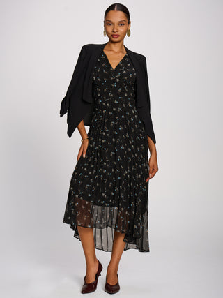 Chiffon Pleated Maxi Dress, Black Floral