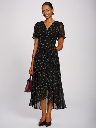 Chiffon Pleated Maxi Dress, Black Floral