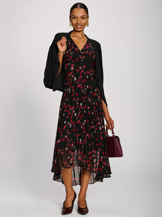 Chiffon Pleated Maxi Dress, Red Floral