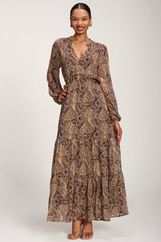 Long Sleeve Paisley Chiffon Maxi Dress, Brown Multi