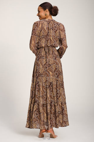 Long Sleeve Paisley Chiffon Maxi Dress, Brown Multi