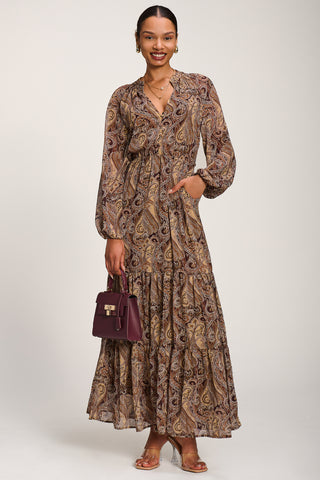 Long Sleeve Paisley Chiffon Maxi Dress, Brown Multi