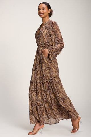 Long Sleeve Paisley Chiffon Maxi Dress, Brown Multi