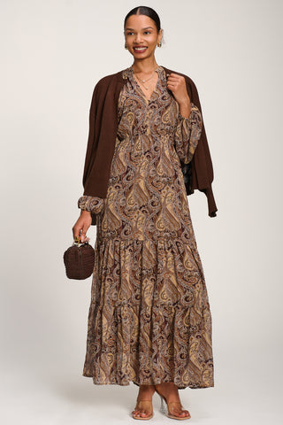 Long Sleeve Paisley Chiffon Maxi Dress, Brown Multi