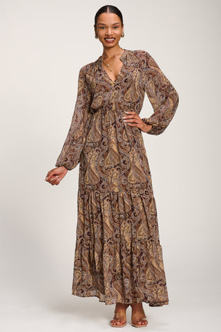 Long Sleeve Paisley Chiffon Maxi Dress, Brown Multi