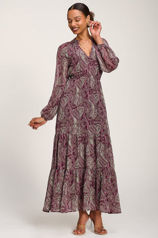 Long Sleeve Paisley Chiffon Maxi Dress, Burgundy Multi
