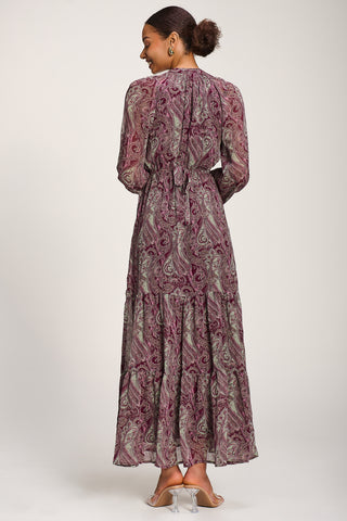 Long Sleeve Paisley Chiffon Maxi Dress, Burgundy Multi