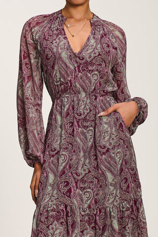 Long Sleeve Paisley Chiffon Maxi Dress, Burgundy Multi