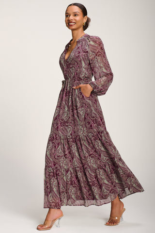 Long Sleeve Paisley Chiffon Maxi Dress, Burgundy Multi