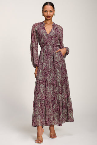 Long Sleeve Paisley Chiffon Maxi Dress, Burgundy Multi