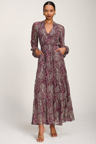 Long Sleeve Paisley Chiffon Maxi Dress, Burgundy Multi