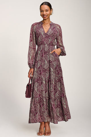 Long Sleeve Paisley Chiffon Maxi Dress, Burgundy Multi