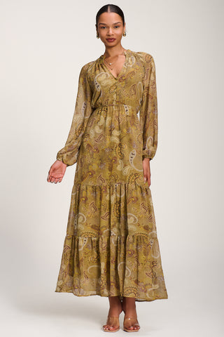 Long Sleeve Paisley Chiffon Maxi Dress, Olive Green