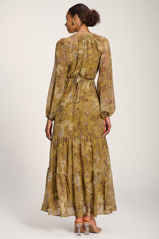 Long Sleeve Paisley Chiffon Maxi Dress, Olive Green