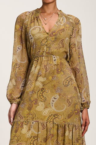 Long Sleeve Paisley Chiffon Maxi Dress, Olive Green