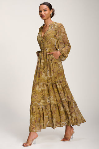 Long Sleeve Paisley Chiffon Maxi Dress, Olive Green