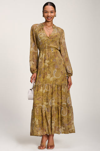 Long Sleeve Paisley Chiffon Maxi Dress, Olive Green