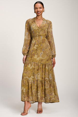 Long Sleeve Paisley Chiffon Maxi Dress, Olive Green