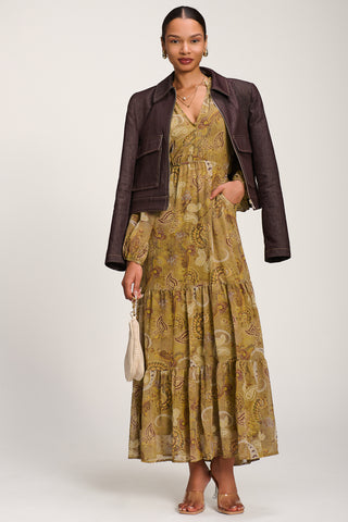 Long Sleeve Paisley Chiffon Maxi Dress, Olive Green