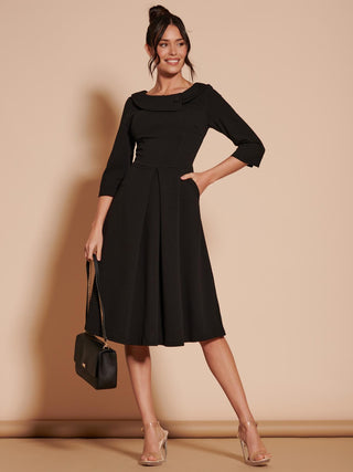 3/4 Sleeve Fold Neck Midi Dress, Black. 1950's Vintage Style, Front Side