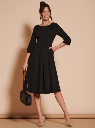 3/4 Sleeve Fold Neck Midi Dress, Black Jolie Moi Retail 3/4 Sleeve Fold Neck Midi Dress, Black Jolie Moi Retail