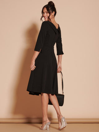 3/4 Sleeve Fold Neck Midi Dress, Black. 1950's Inspired Vintage Style, Back side