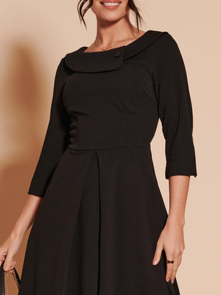 3/4 Sleeve Fold Neck Midi Dress, Black. 1950's Inspired Vintage Style, Detail