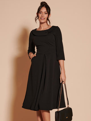 3/4 Sleeve Fold Neck Midi Dress, Black. 1950's Inspired Vintage Style, Close up