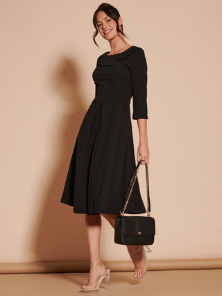 3/4 Sleeve Fold Neck Midi Dress, Black. 1950's Inspired Vintage Style, Side image
