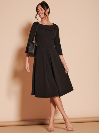3/4 Sleeve Fold Neck Midi Dress, Black. 1950's Inspired Vintage Style