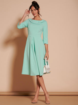3/4 Sleeve Fold Neck Midi Dress, Light Green