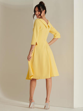 3/4 Sleeve Fold Neck Midi Dress, Light Yellow, 1950's Inspired Vintage style, Back side